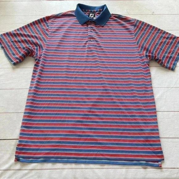 FootJoy FJ Mens Golf Polo Shirt Large Red Blue Striped Stretch Polyester… - Picture 9 of 9